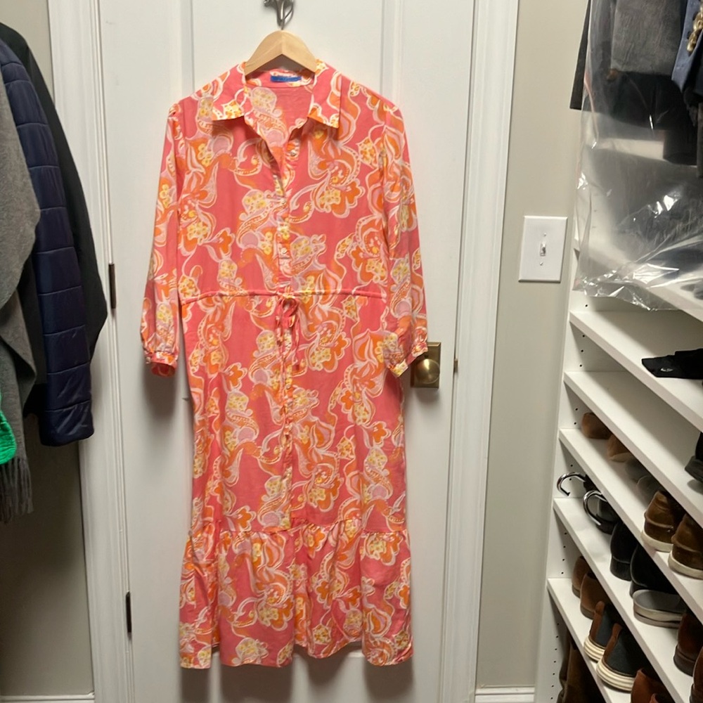 This season’s J McLaughlin linen/cotton blend dress in pink/orange.
